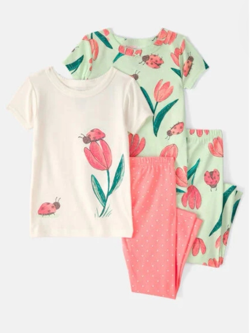 Carters Girls' 2-Pack Mint & White Ladybug Tulip Pajama Set